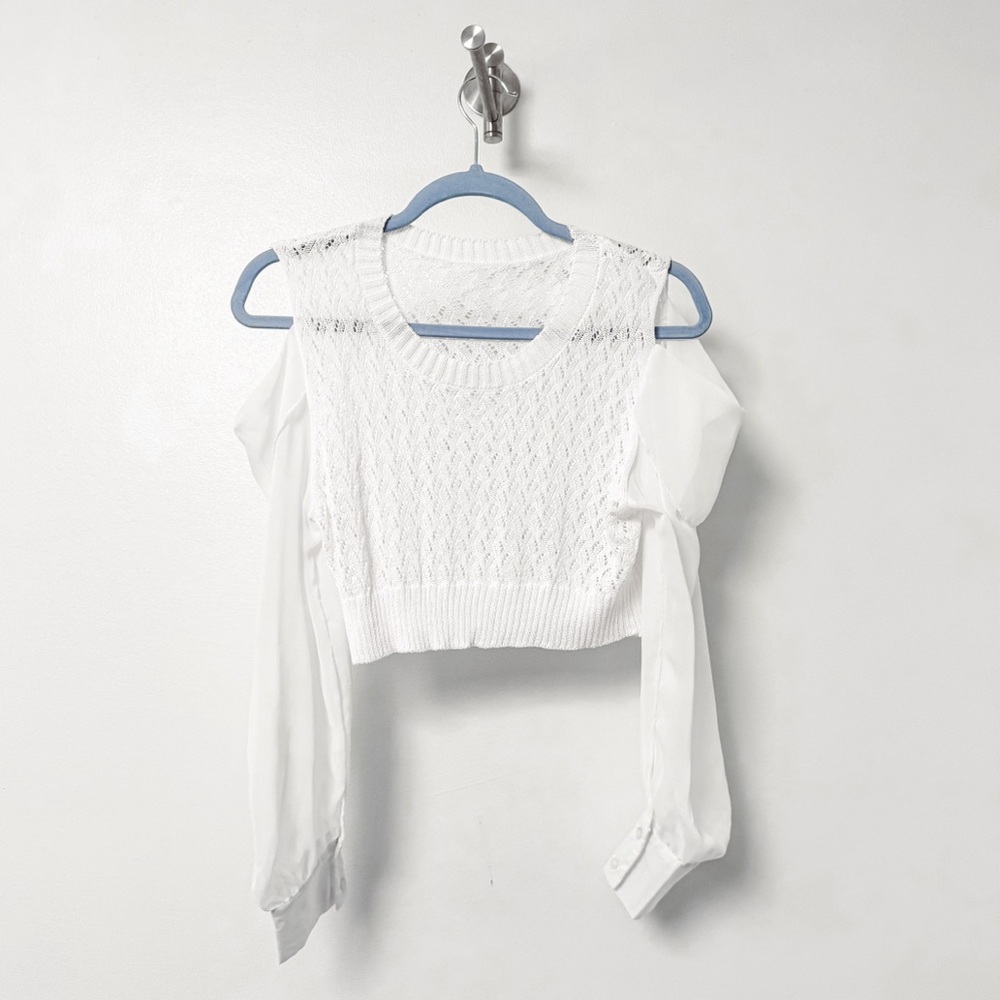 No Brand Sheer Sleeve Cold Shoulder‎ Fall Winter Knit Crop Top White Medium